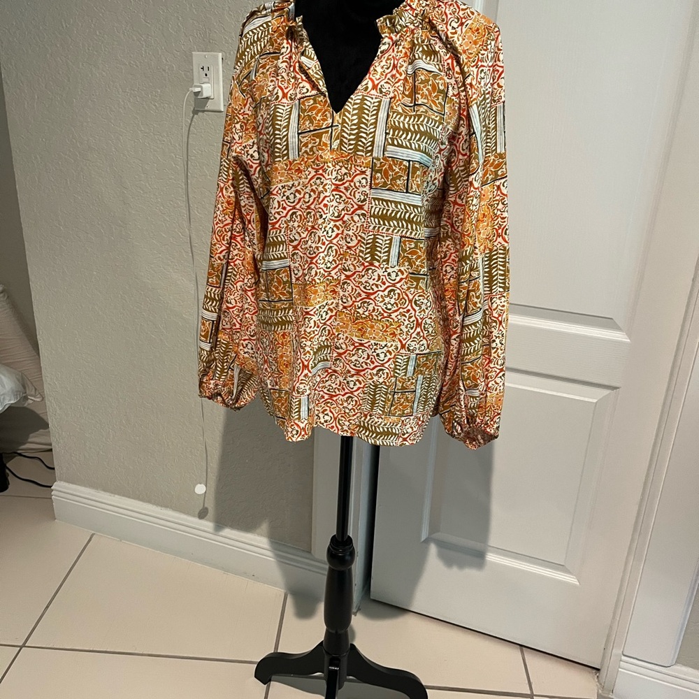 BiBi Multi-Print V-Neck Long Sleeve Tunic in Orange and Olive